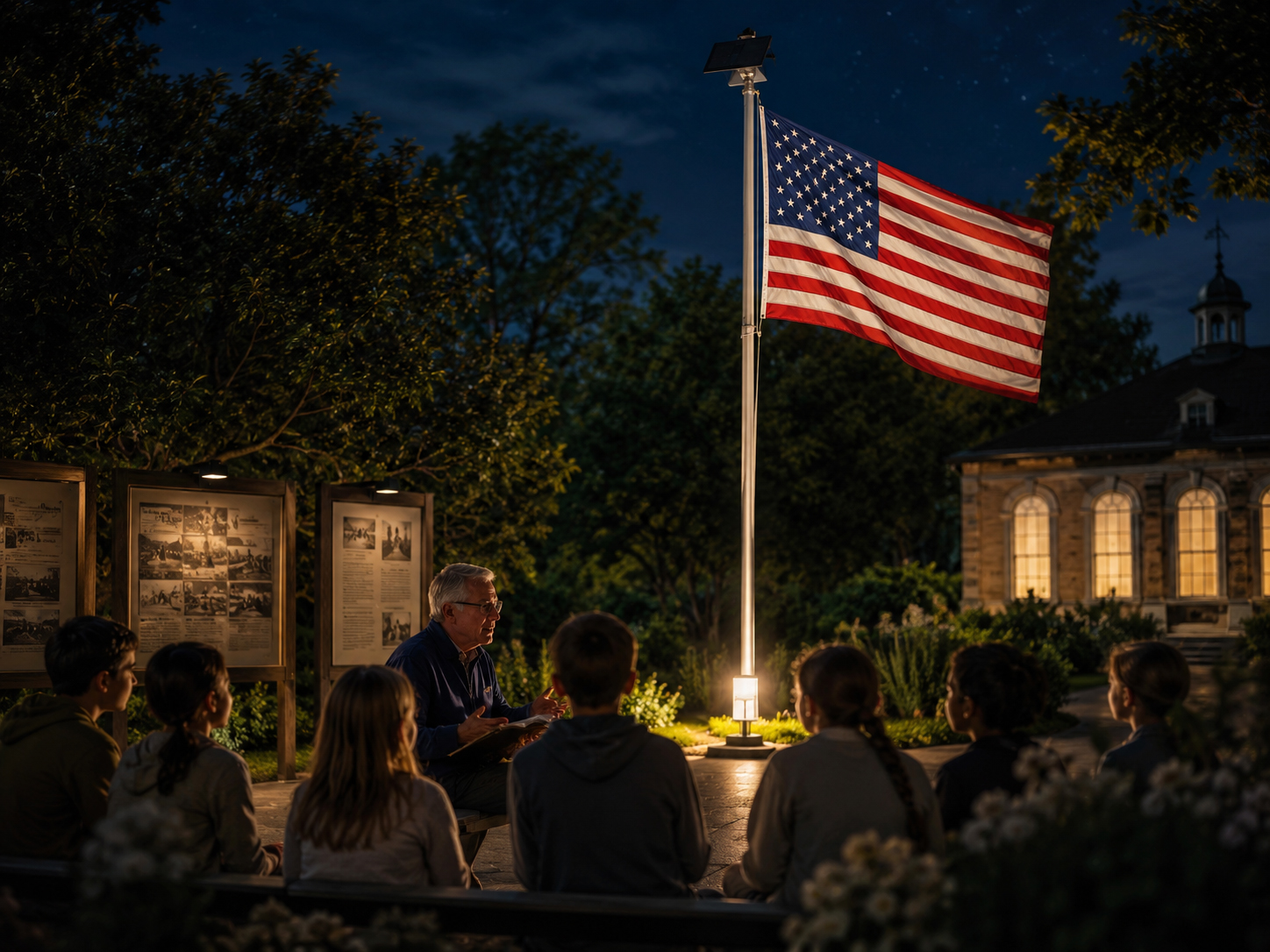 Flag illuminated at night for solar flag lighting education