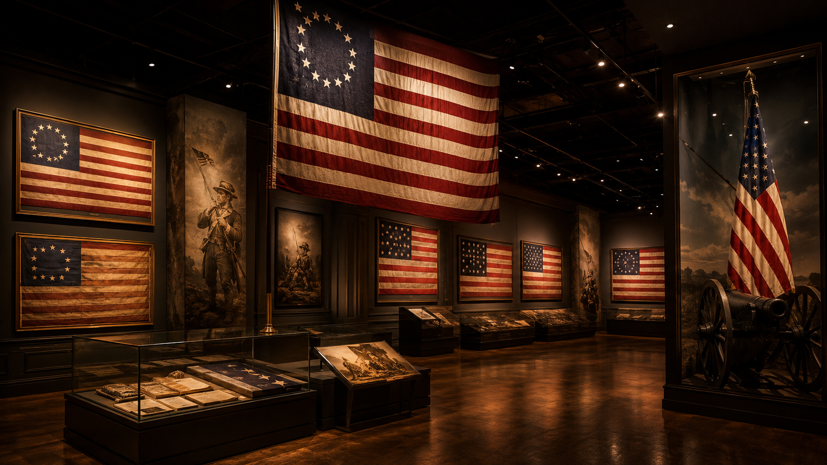American flag history museum at night