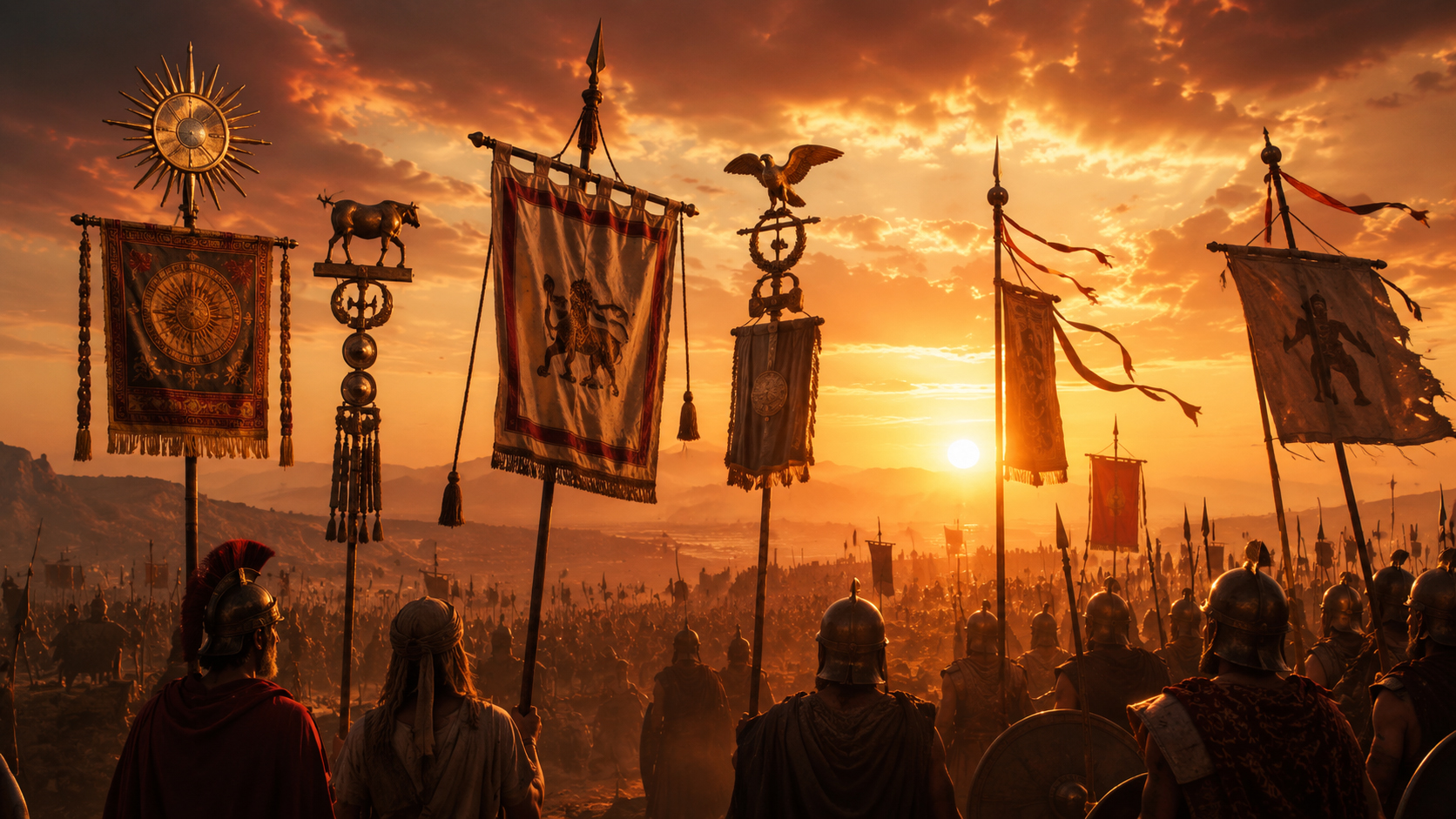 Ancient standards carried across a battlefield at sunset