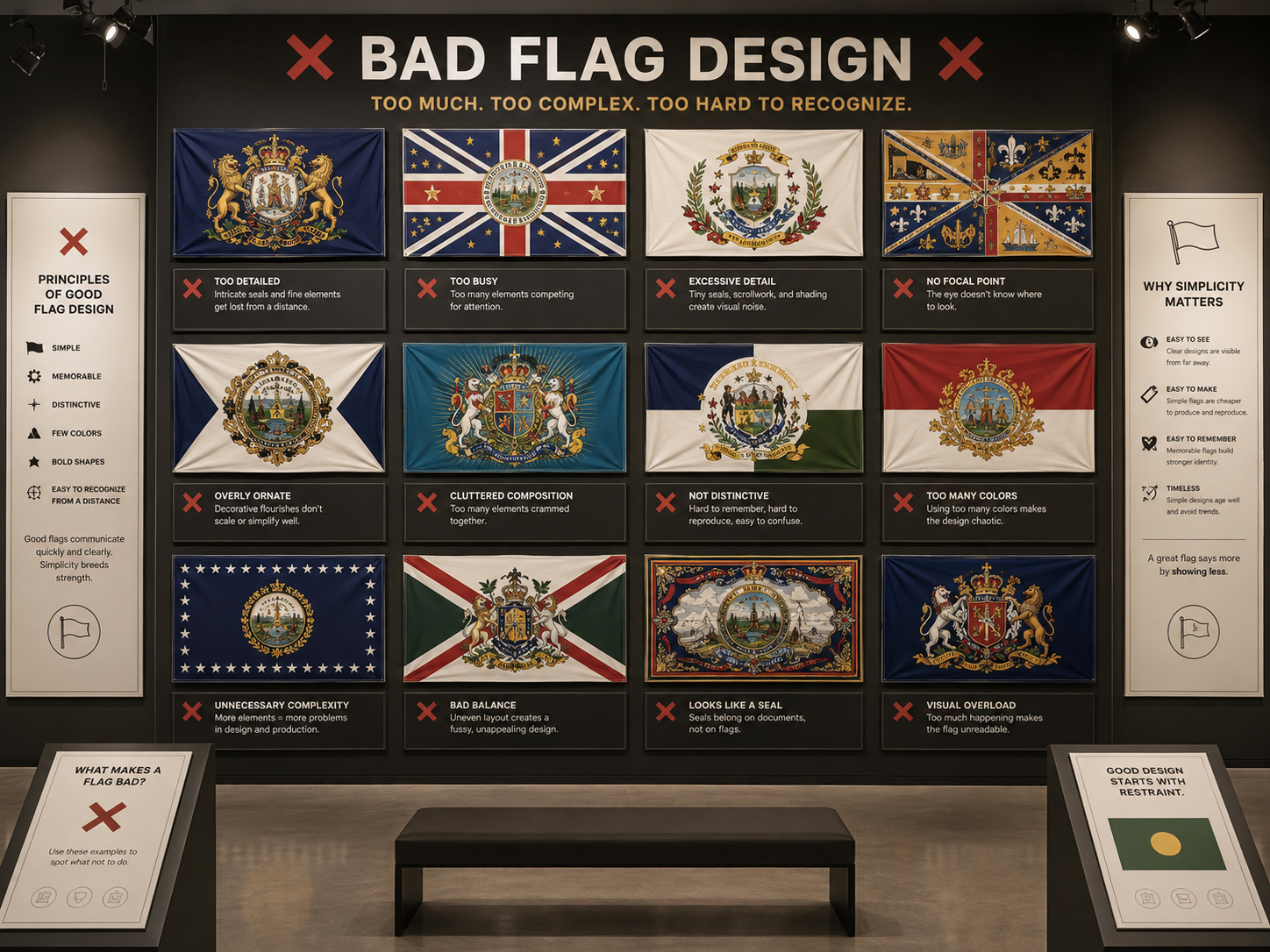 Cluttered flag designs with seals and tiny lettering in a gallery