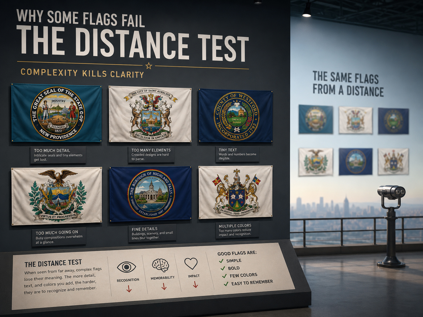 Comparison showing cluttered flag designs failing at distance