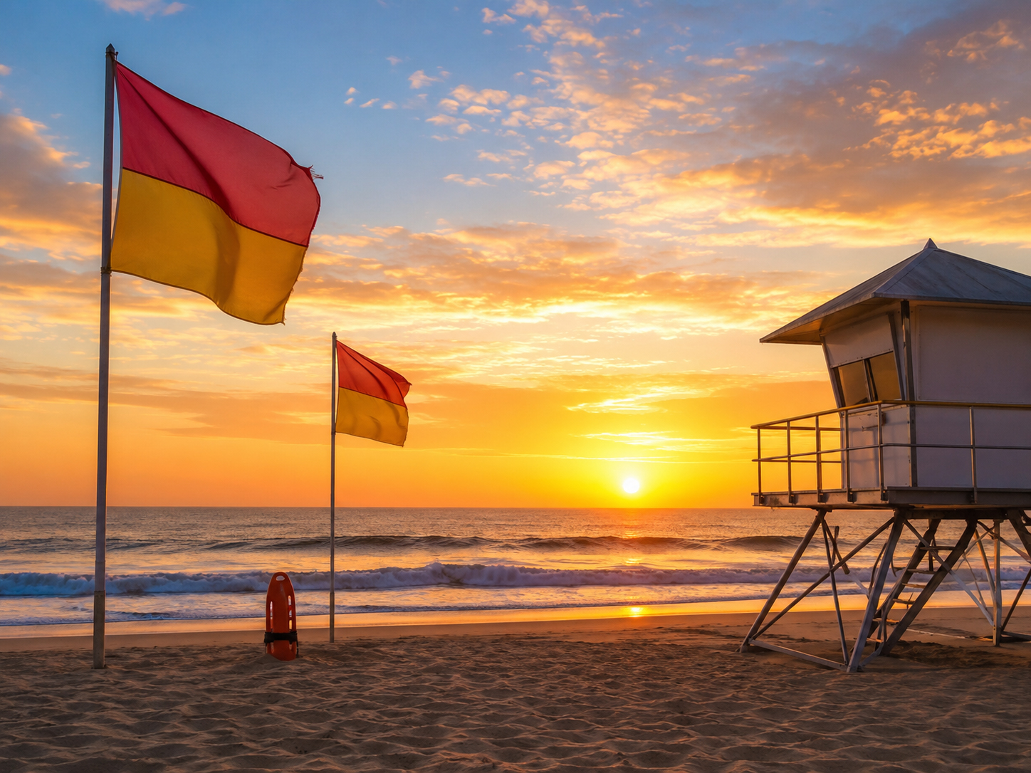 Beach safety flags near a lifeguard tower at sunset