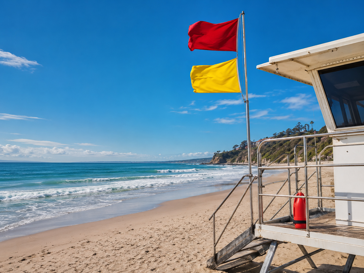 Beach warning flags near a lifeguard tower facing the ocean