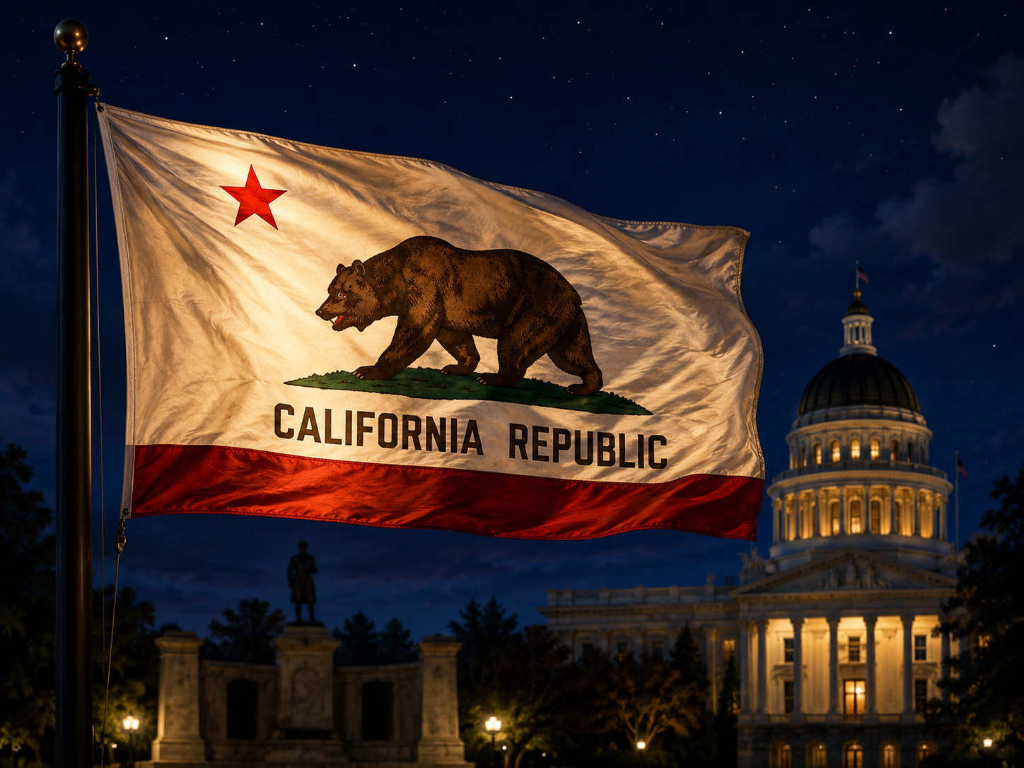 California Bear Flag illuminated at night with warm solar lighting