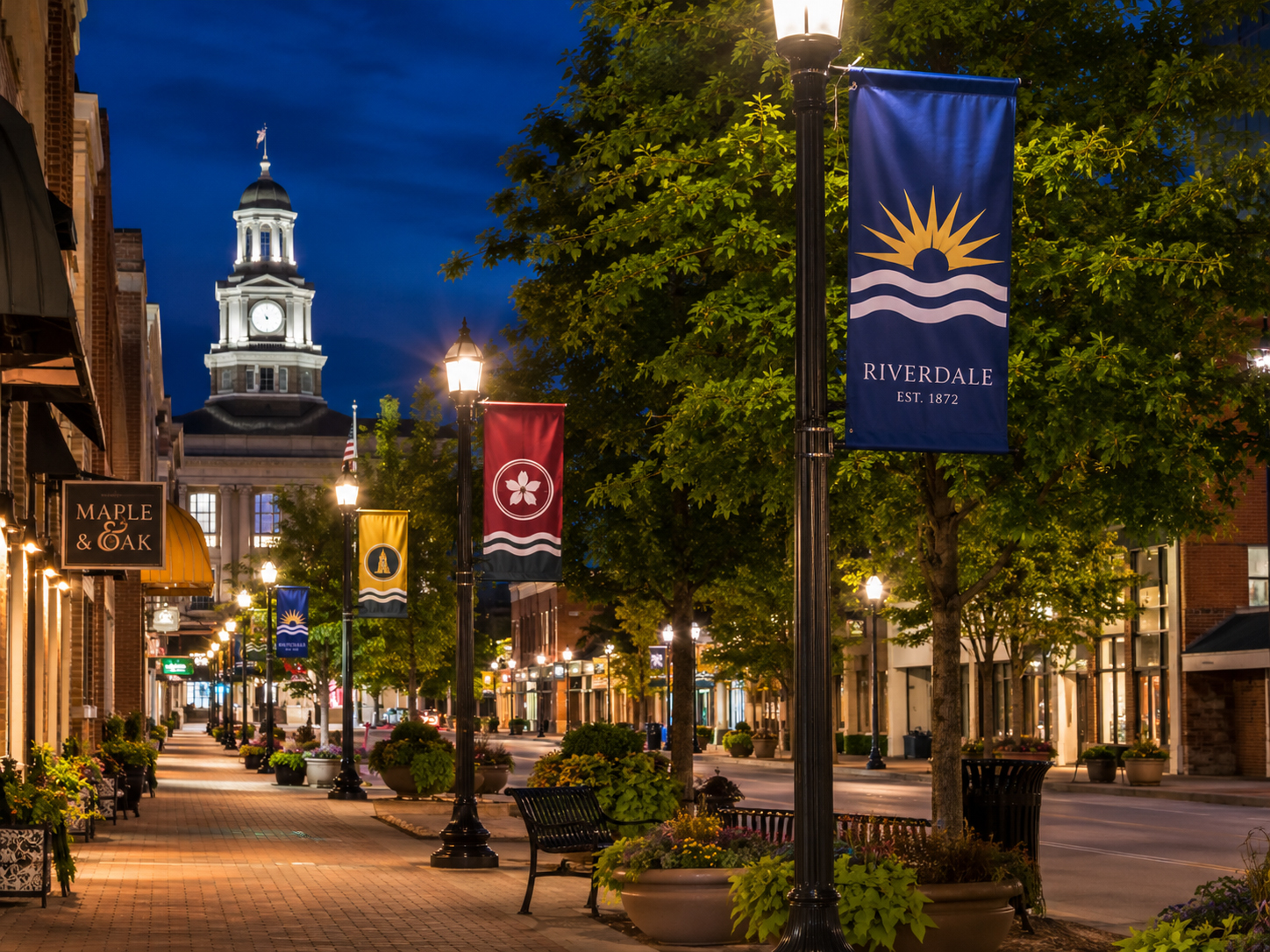 Beautiful city flag design flying on a civic street at night