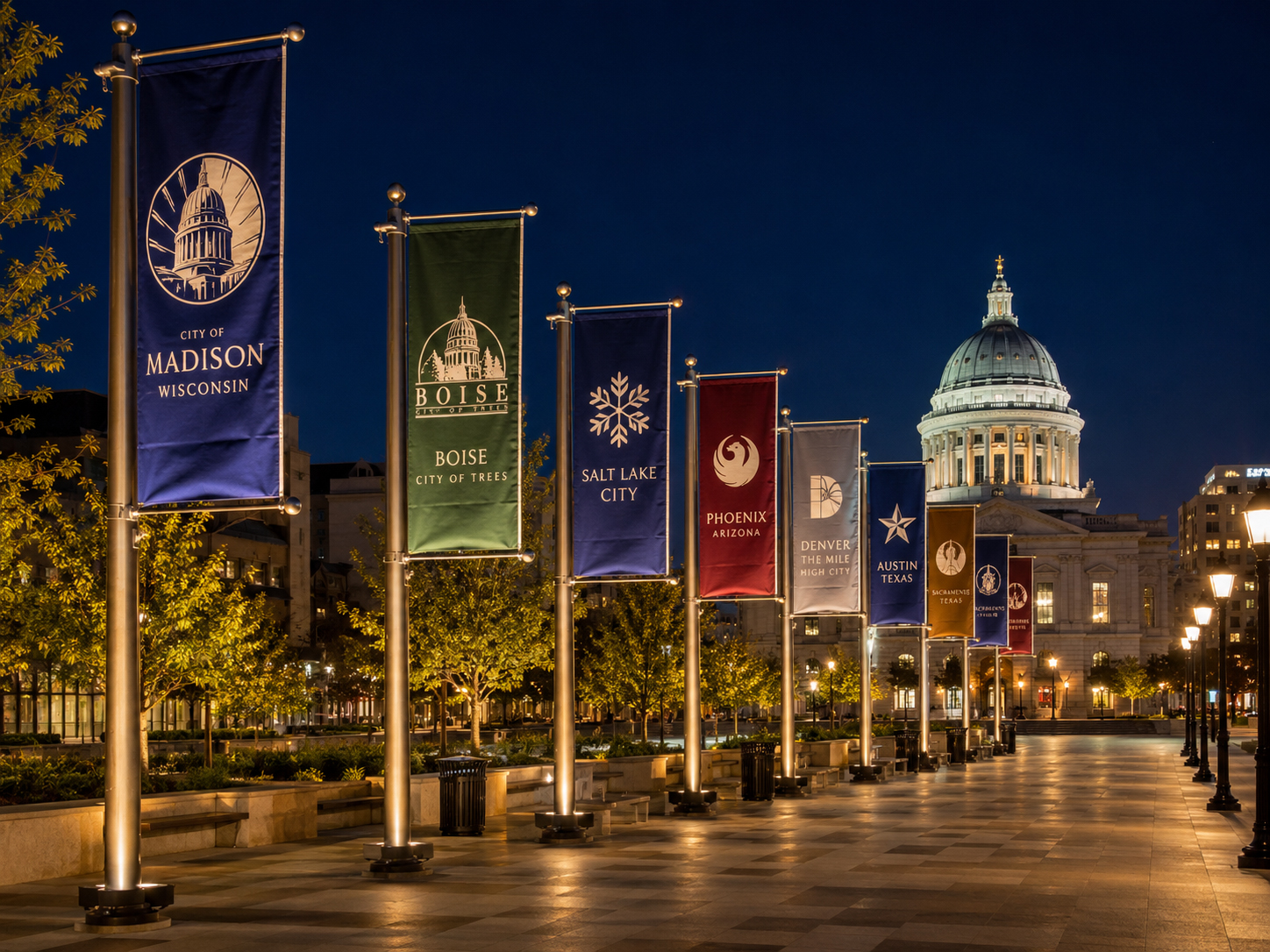 City flags in a civic gallery at night