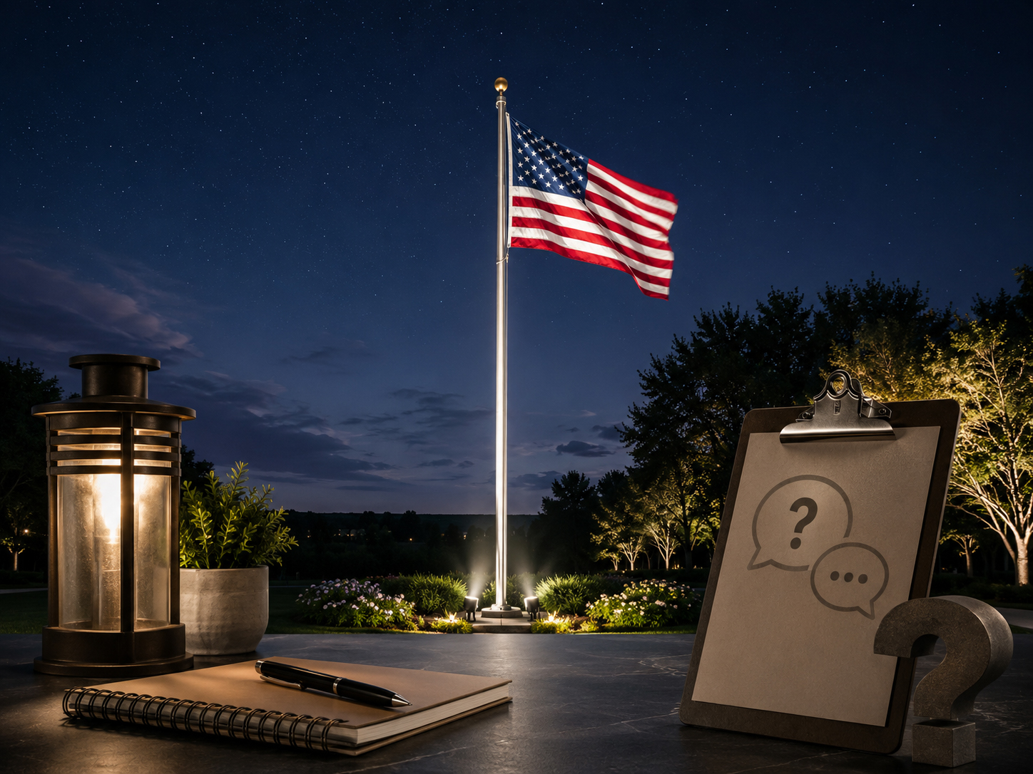 Solar flag lighting questions with an illuminated flagpole at night