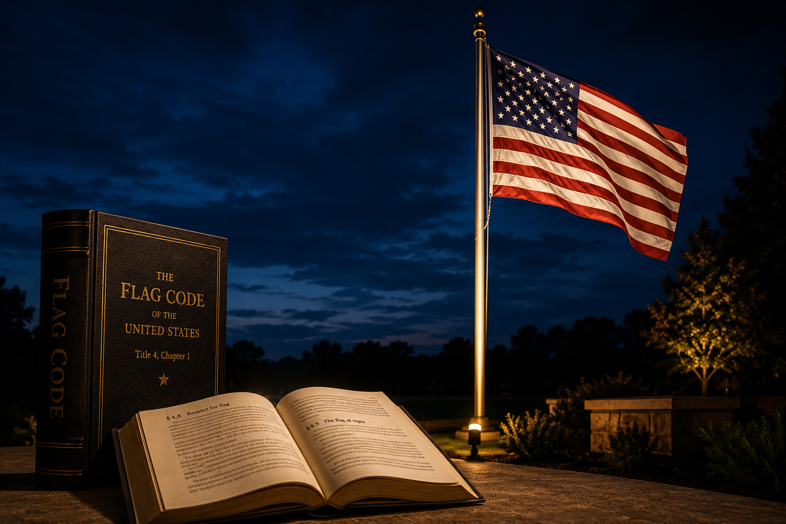 Flag code book and illuminated American flag at night