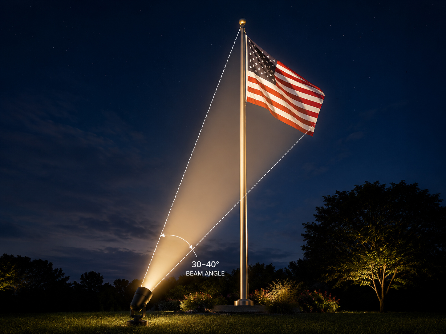 Flagpole lighting beam angle showing focused illumination on the flag