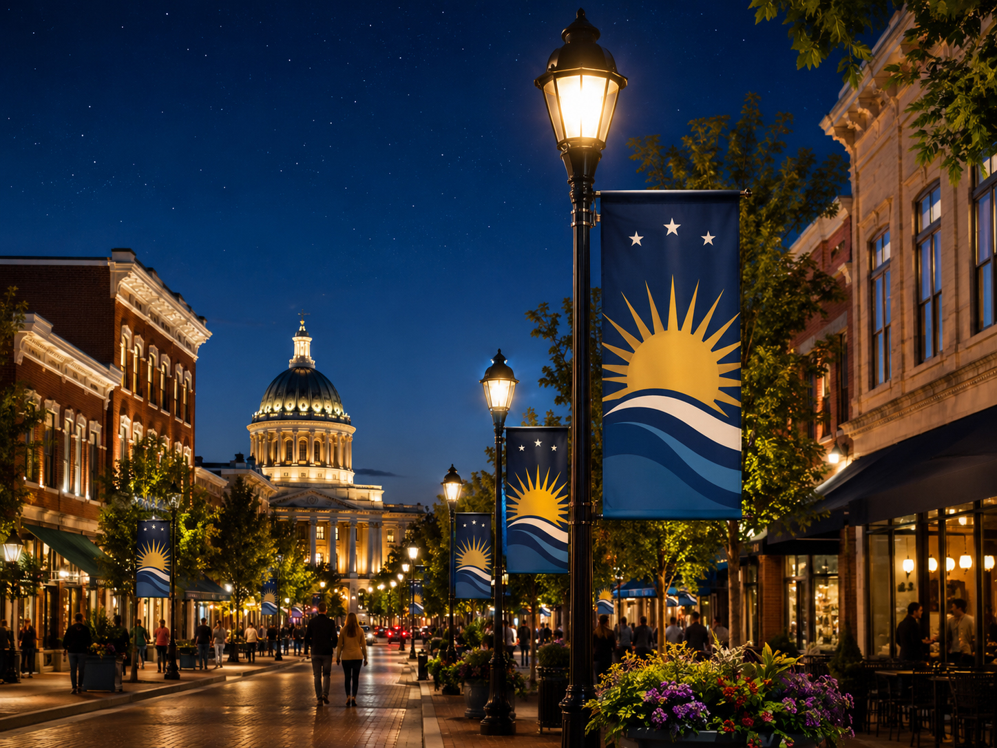 Beautiful civic flag flying at night with strong simple design