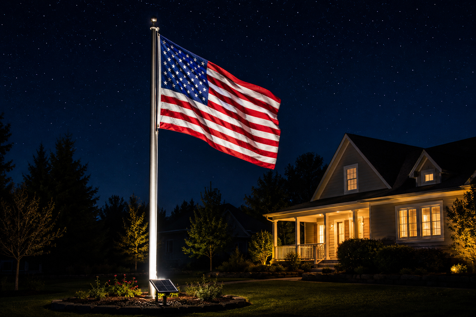 American flag illuminated at night by solar flag lighting