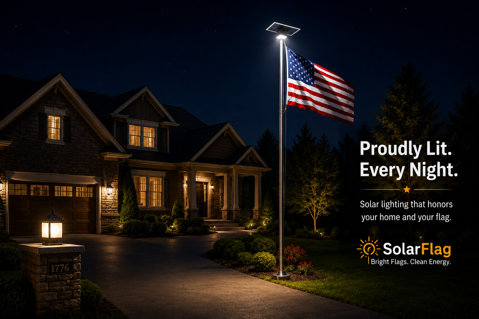 Home driveway with solar-lit flagpole at night