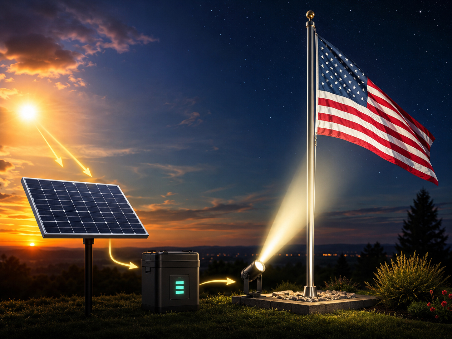 Solar panel battery and light illuminating a flag at night