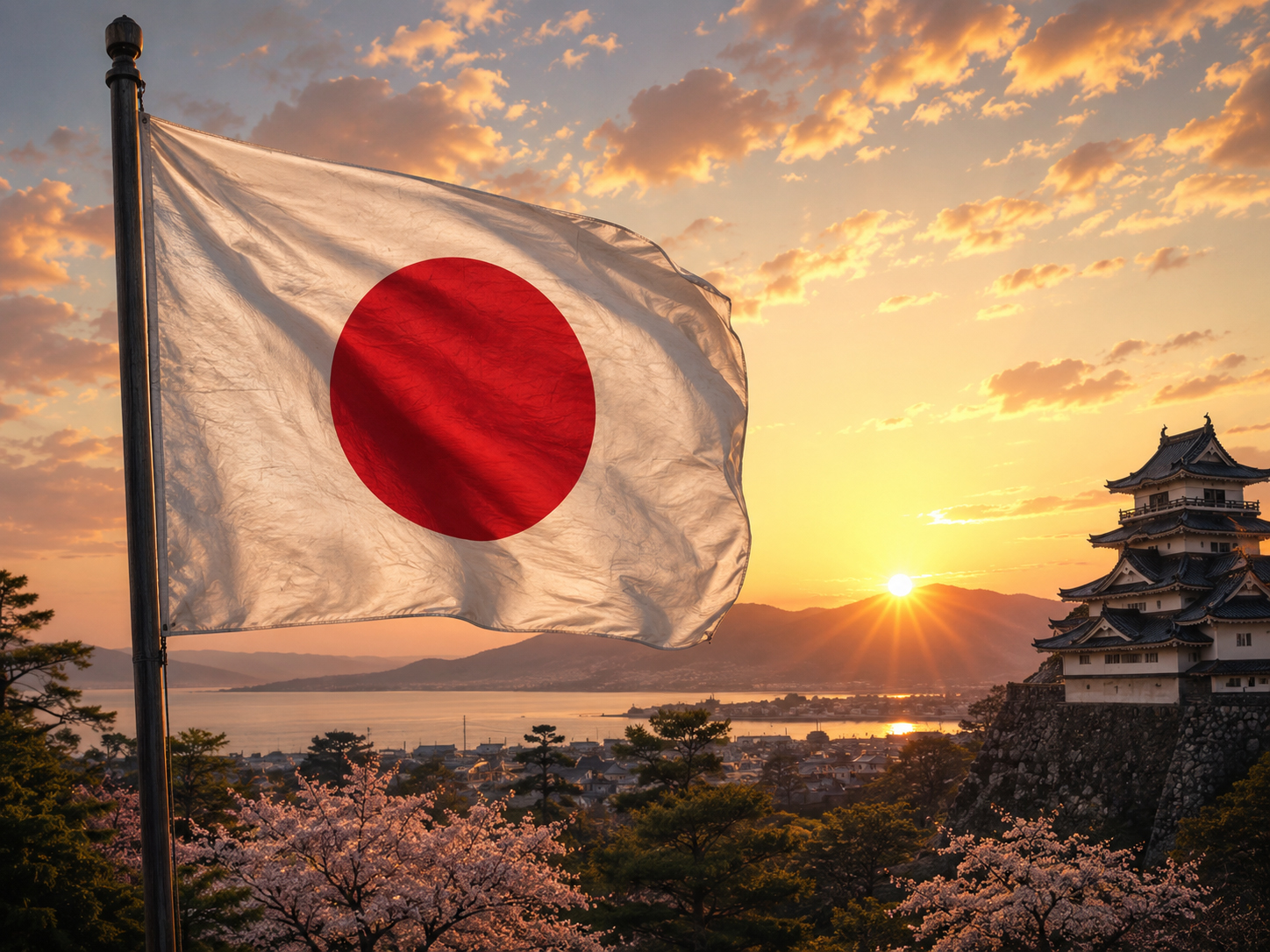 Japanese Hinomaru flag in sunrise light