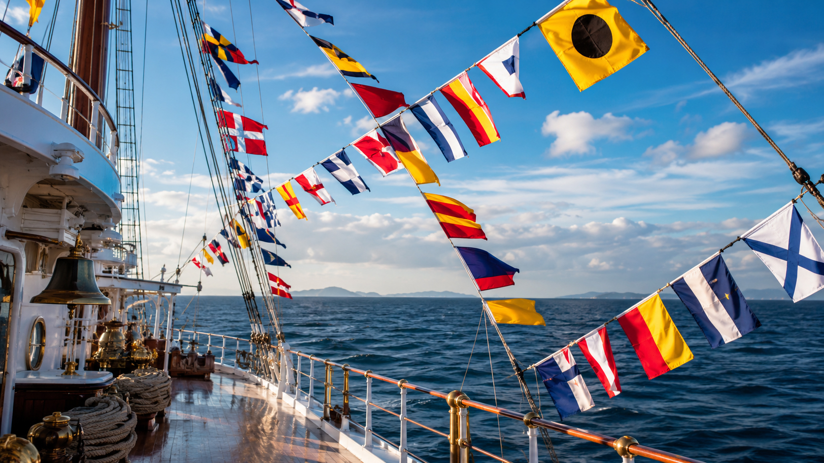 Maritime signal flags flying on a ship deck