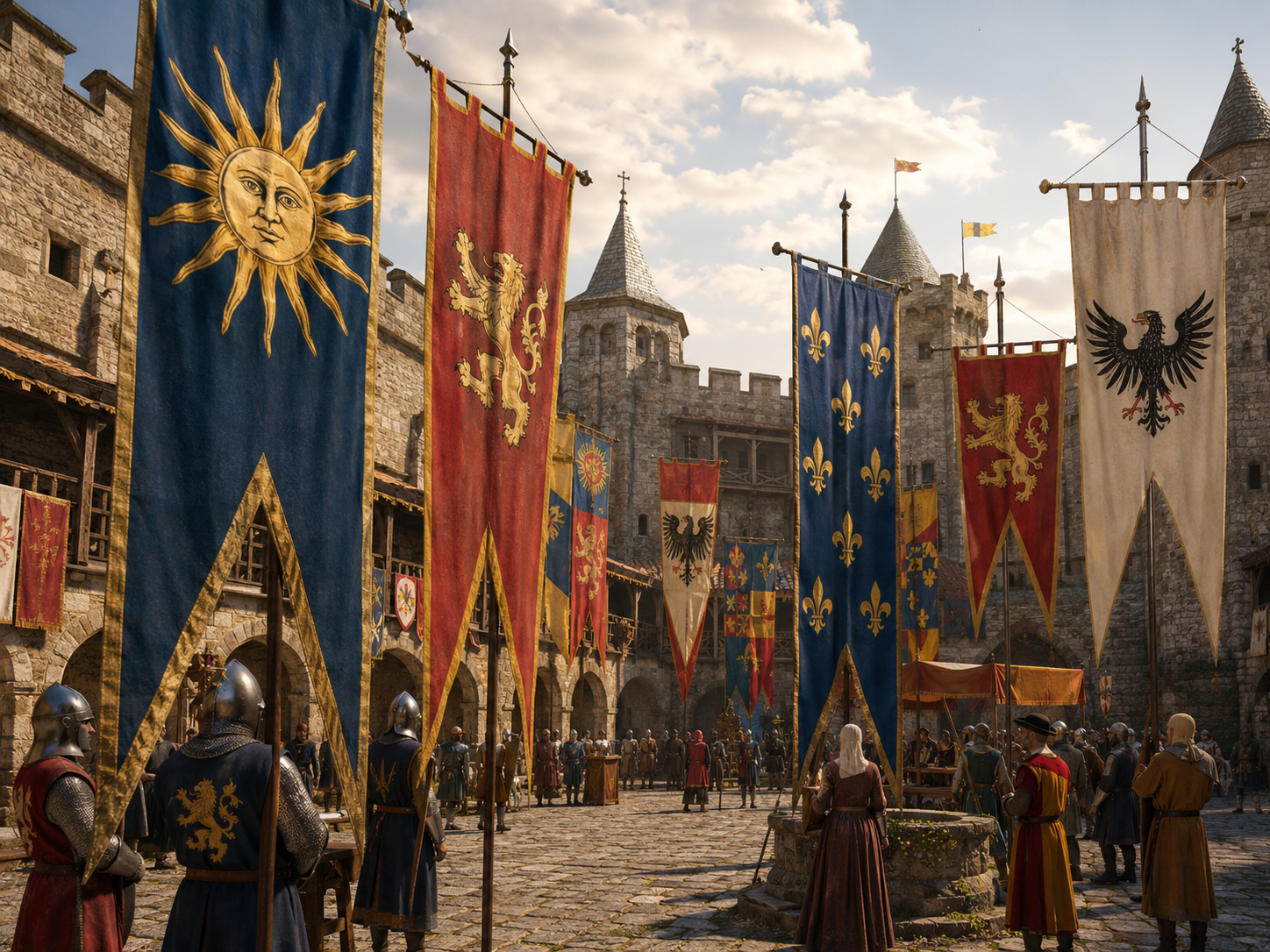 Medieval banners in a castle courtyard