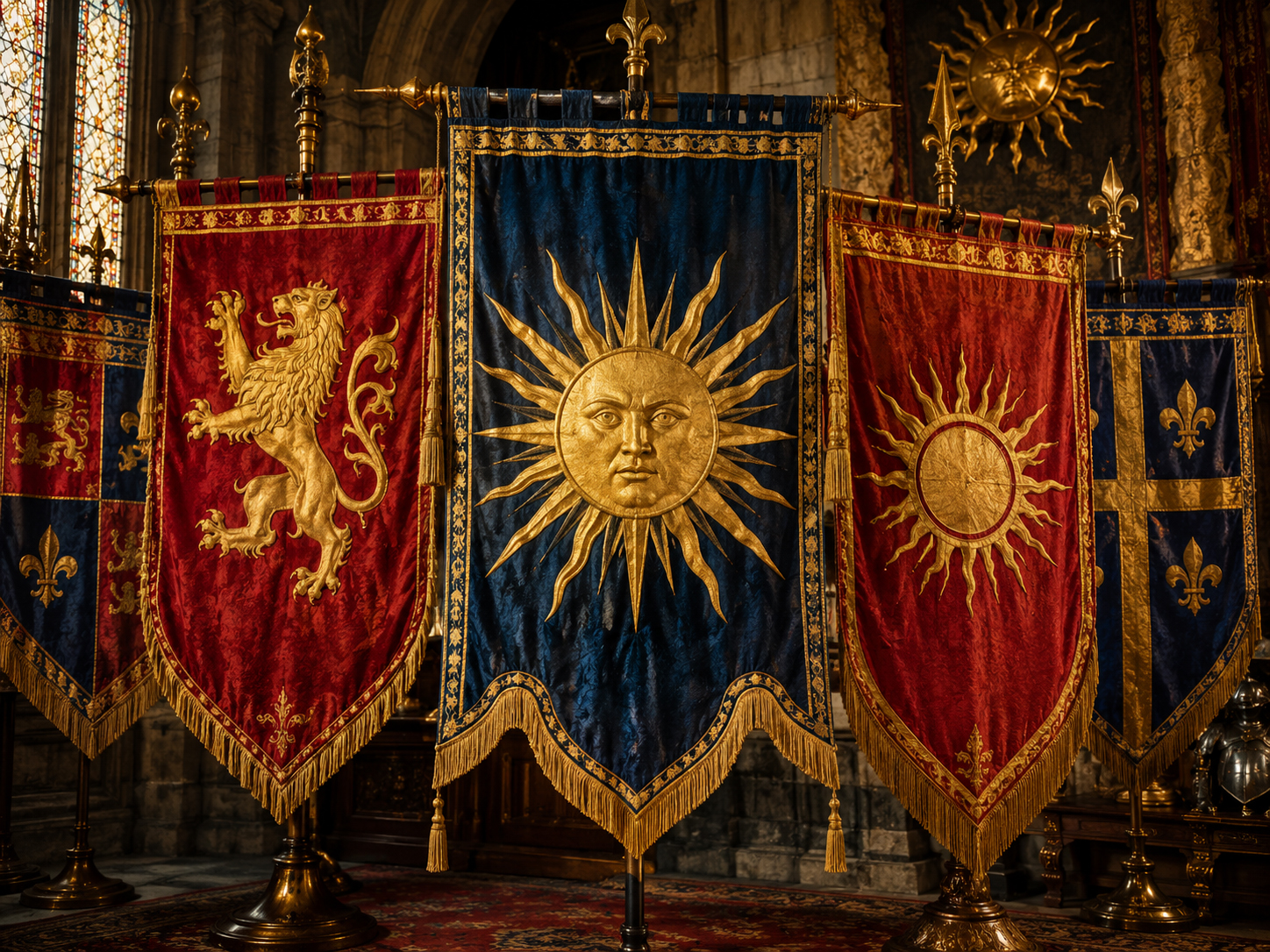 Medieval heraldic banners in red blue and gold