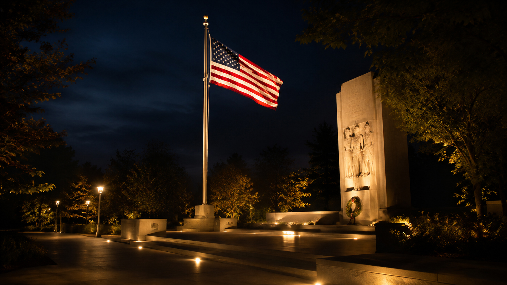 Memorial flag lit with warm night lighting