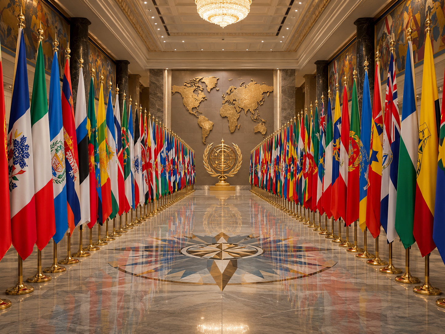 National flags displayed in a dramatic world ceremony gallery