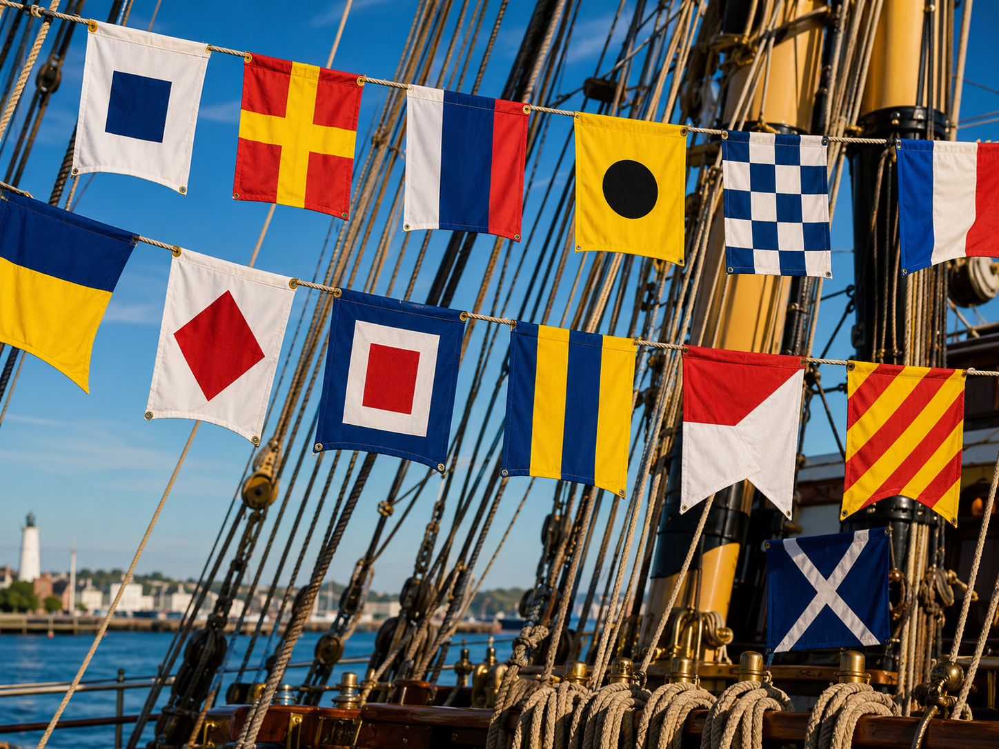 Nautical code flags hanging in colorful ship rigging