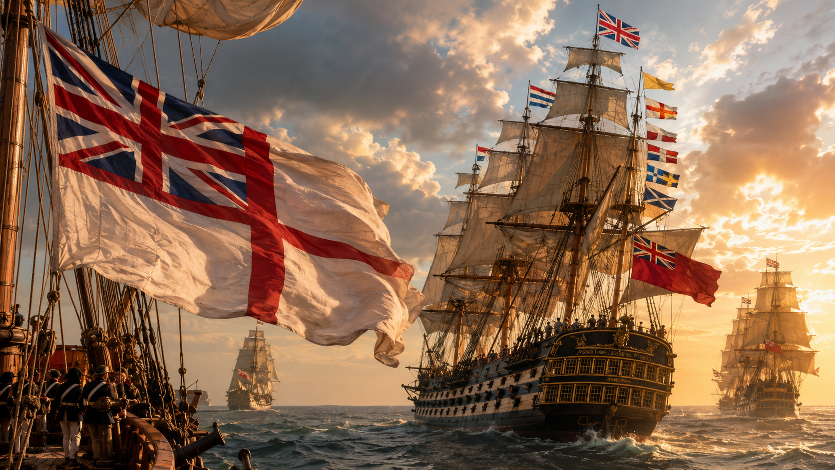 Historic naval flags flying on ships at sea