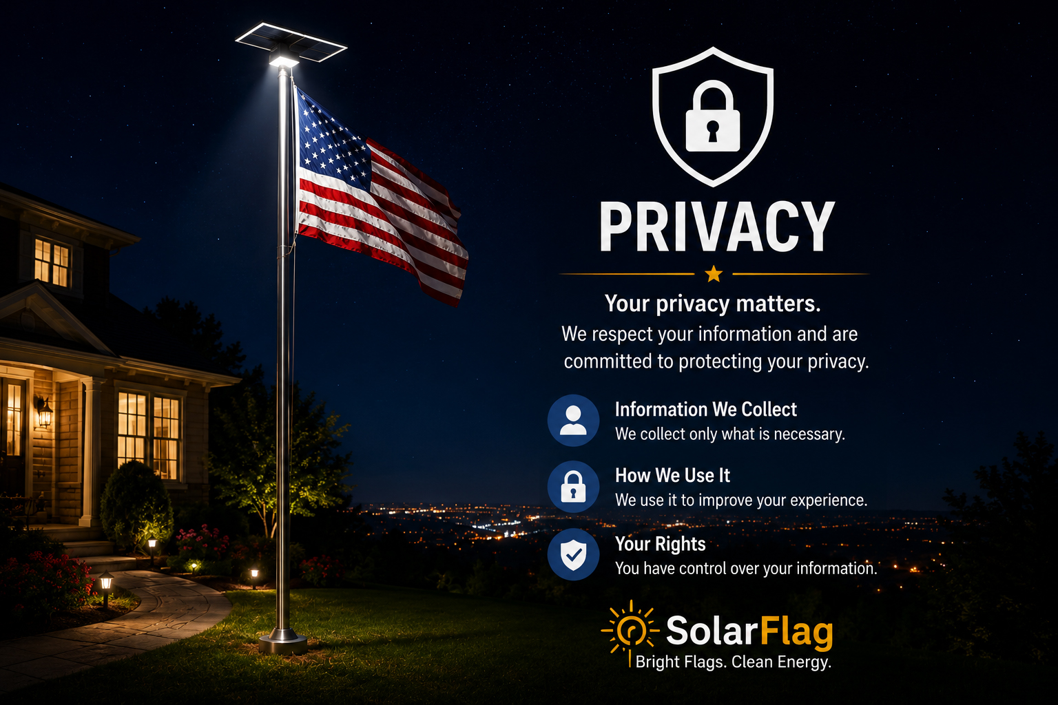 Privacy notice page with a flag illuminated at night