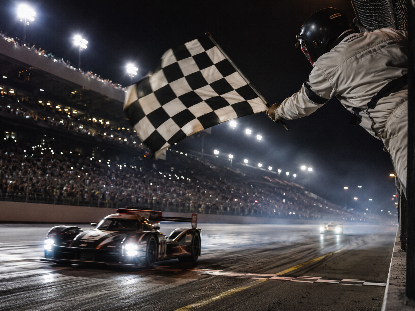 Checkered racing flag at a dramatic night finish line
