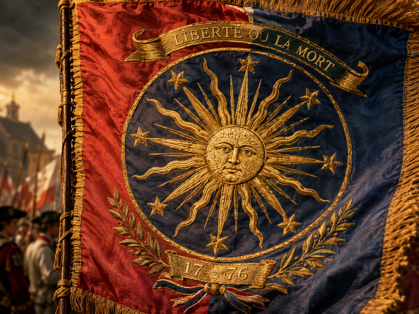 Closeup of a revolutionary banner in red gold and blue light