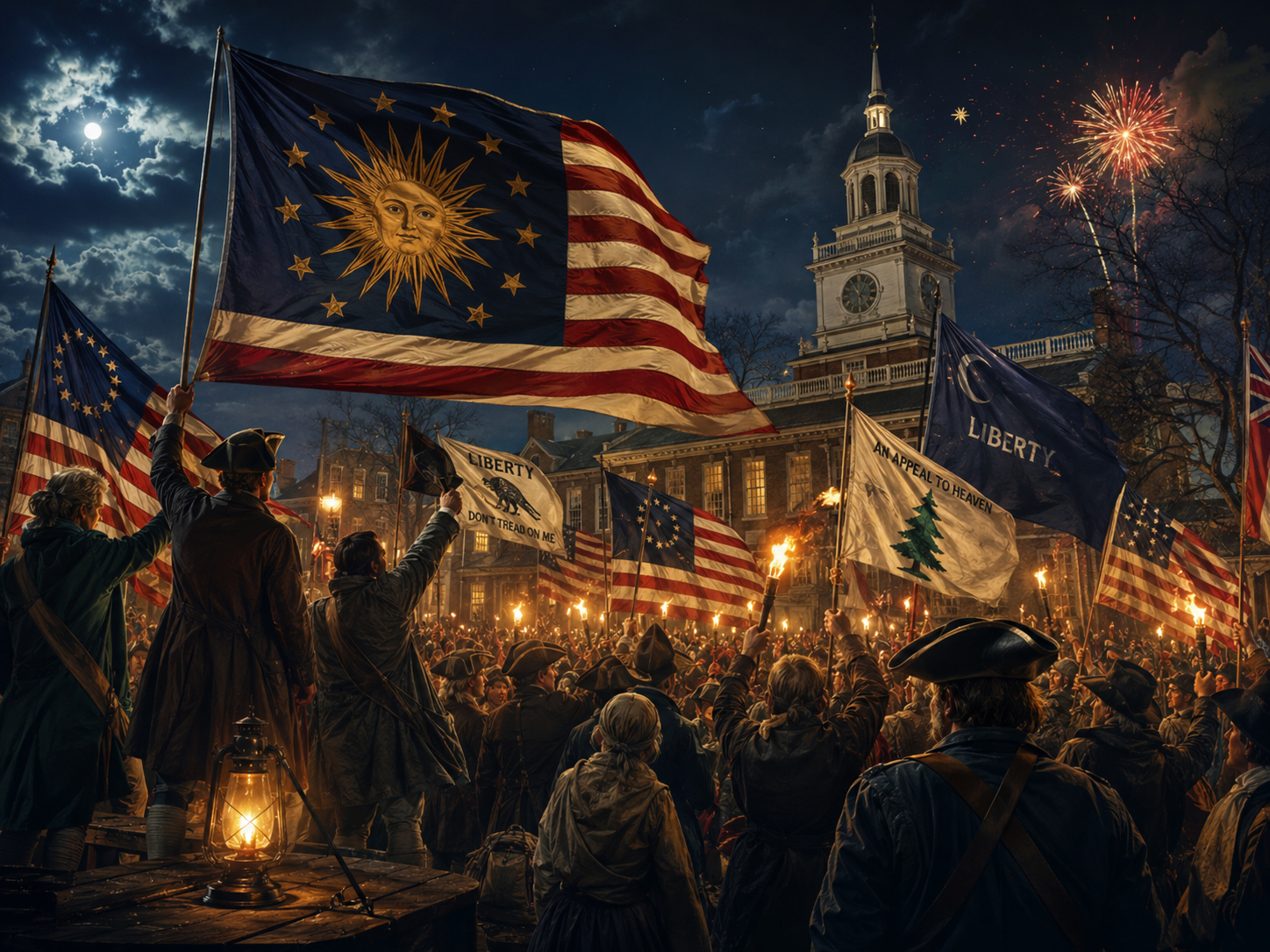 Revolutionary flags carried by a crowd in dramatic evening light