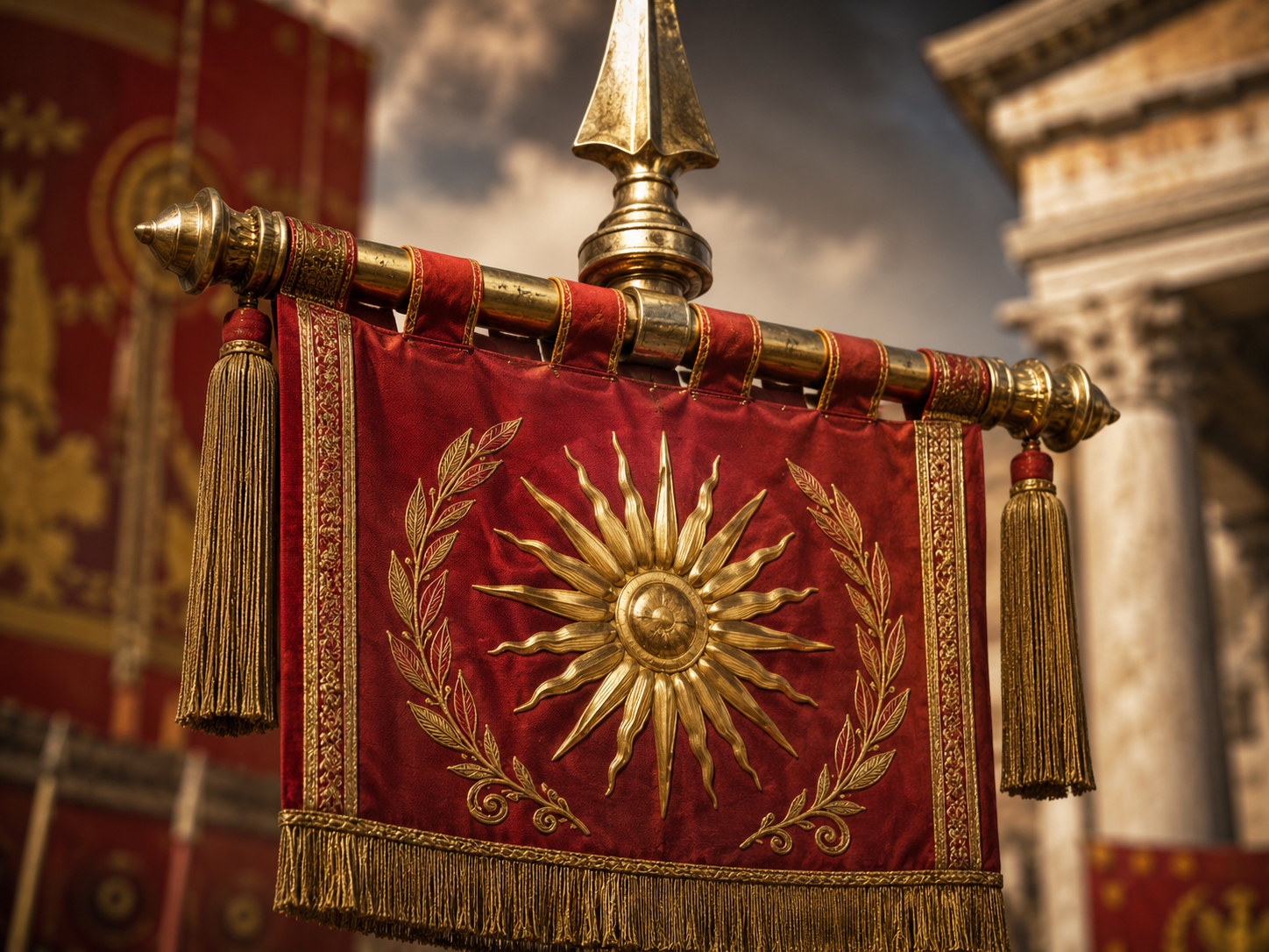Closeup of a Roman vexillum red and gold standard