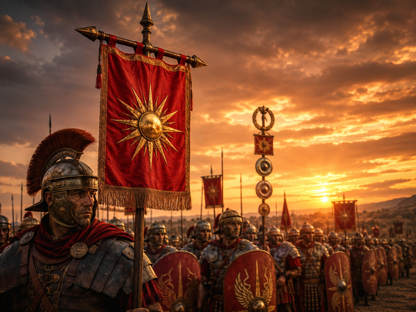 Roman vexillum red banner carried by a legion at sunset