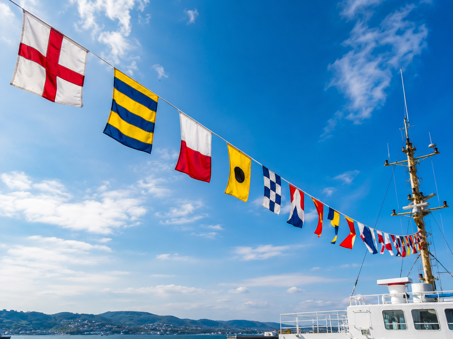 Colorful signal flags on a line above a ship