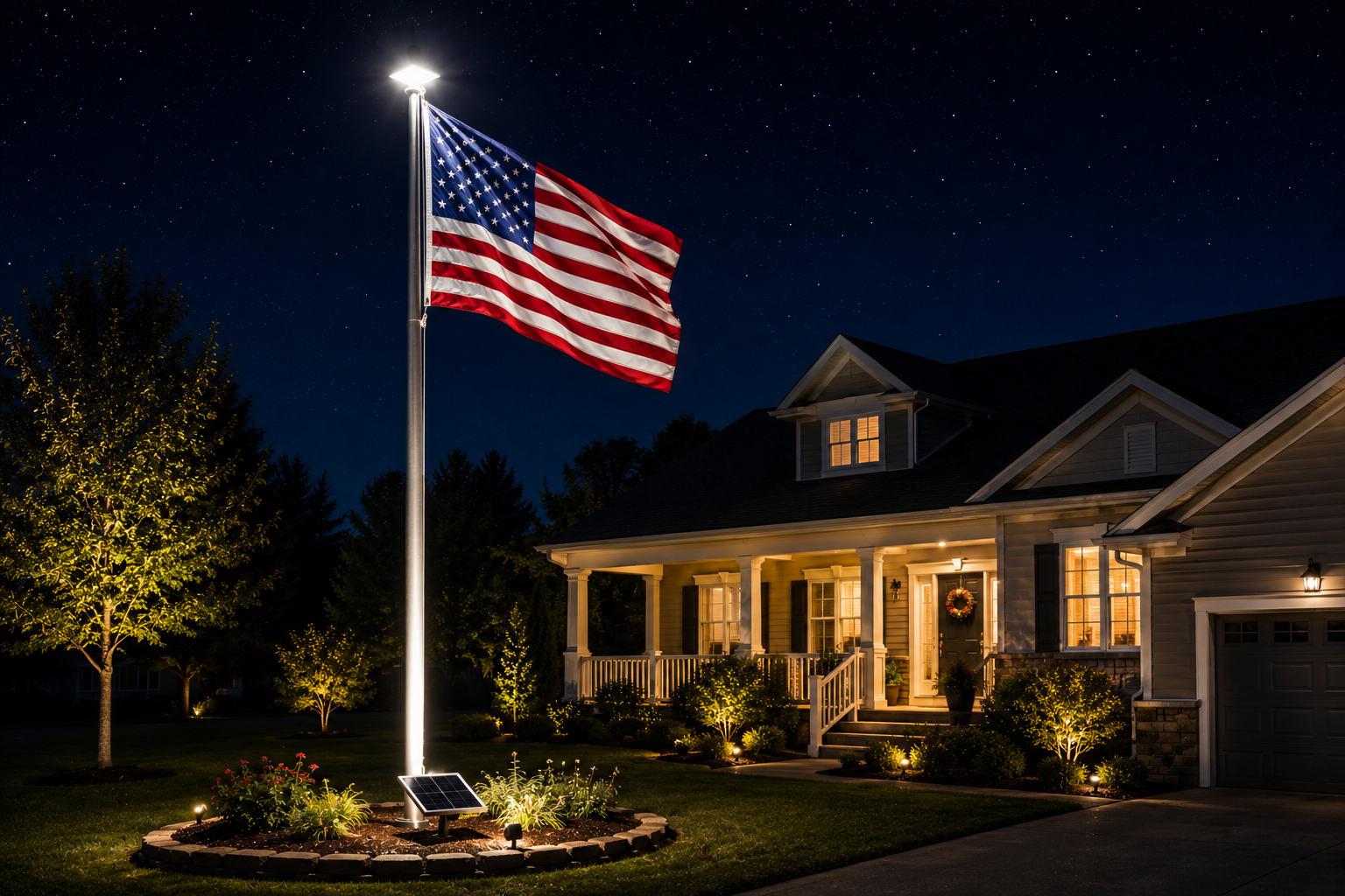 Solar-lit flagpole at a home at night