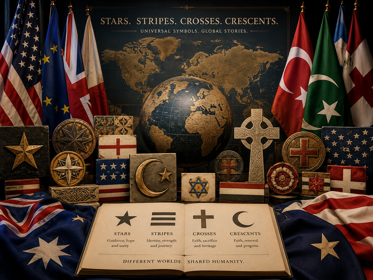 World flag symbols including stars stripes crosses and crescents in dramatic light