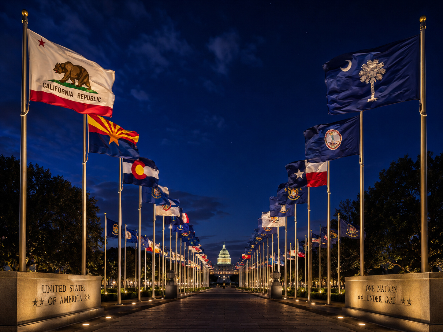 American state flags in a nighttime gallery