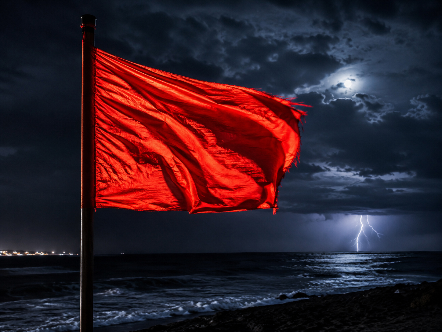 Warning flags flying dramatically at night