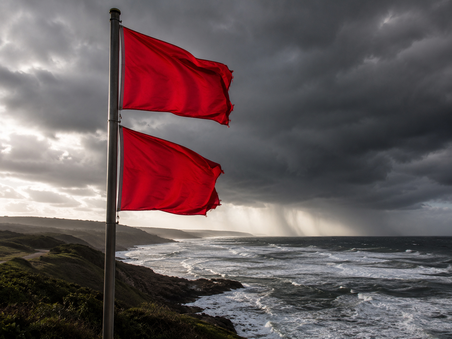 Weather warning flags on a stormy coast