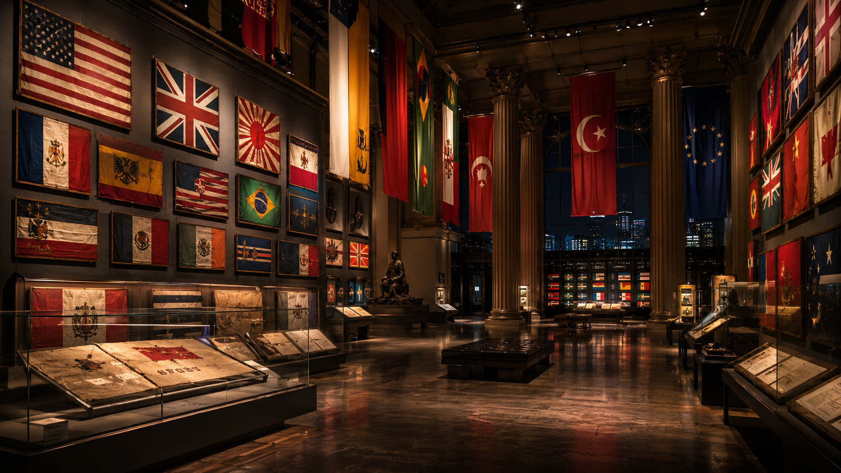 World flags displayed in a dramatic flag history gallery