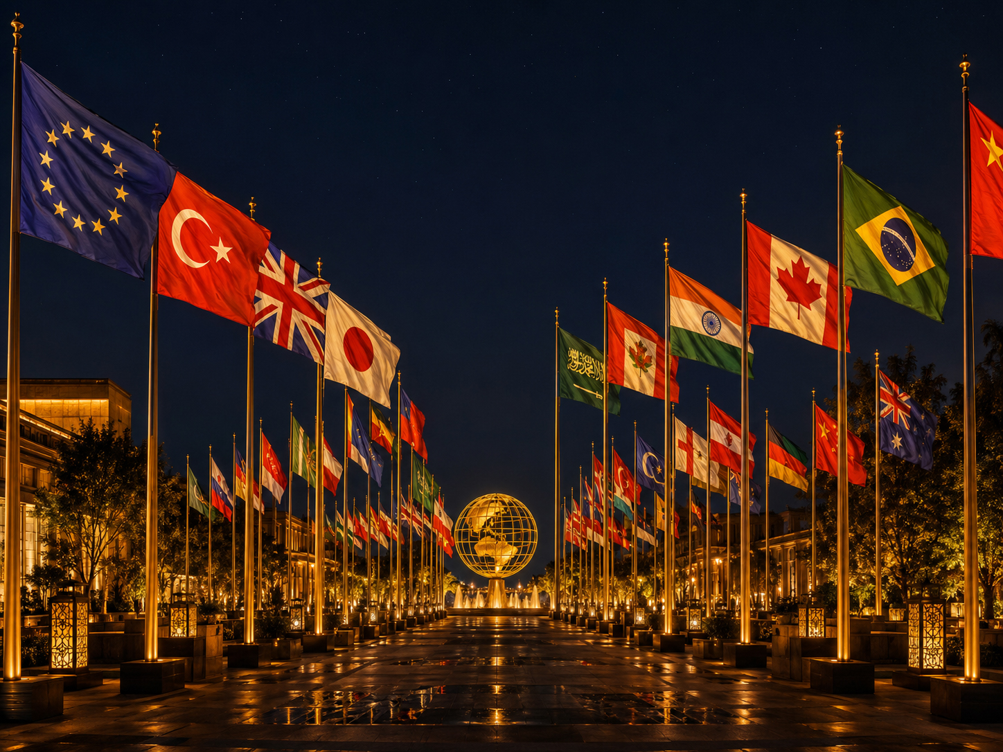 Flag symbols lit at night with stars stripes crosses and crescents visible